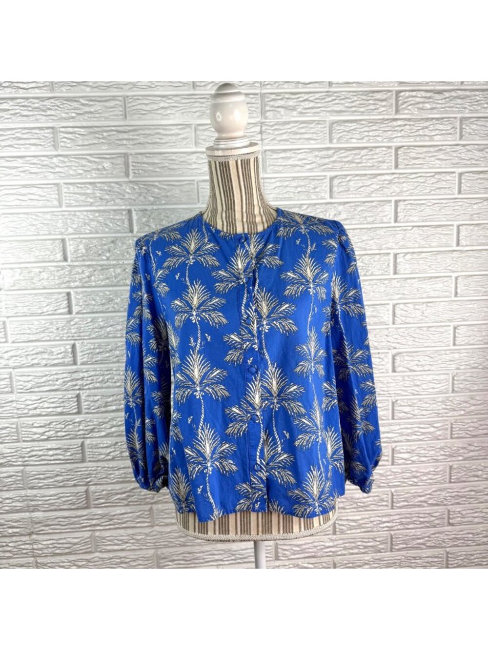 Tahari Royal Blue Shirt White Tropical Palm Tree Print Balloon Sleeves Sz Large